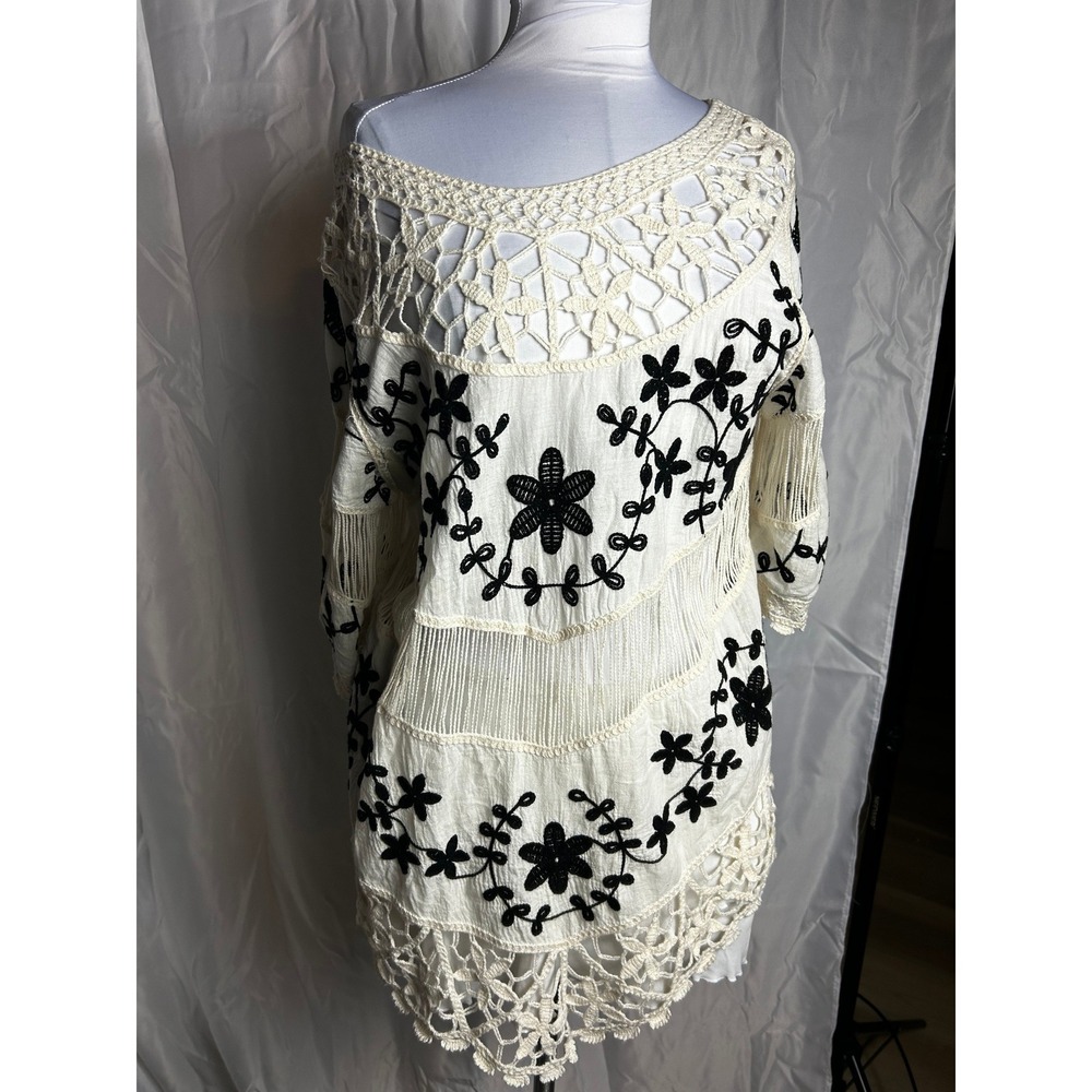 Oliver by Escio Ivory Cotton Crochet Floral Embroidered Tunic Top Medium Boho